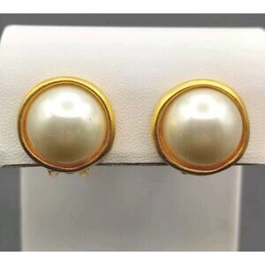Signed Dubin Vintage Cabochon Clip On Earrings Brushed Gold Round White Center